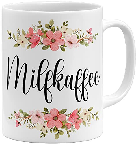 OM3® witzige Milfkaffee Tasse mit Spruch Milf Blumig Kitschig | Keramik Becher | 11oz 325ml | Beidseitig Bedruckt | Weiss