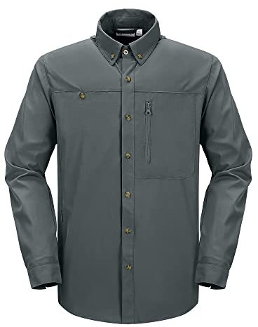 33,000ft Men's Long Sleeve Hiking Shirts Summer UV Protection Breathbale Quick Dry Fishing Shirts Button Down Shirt with Pockets for Safari, Camping Pure Grey L