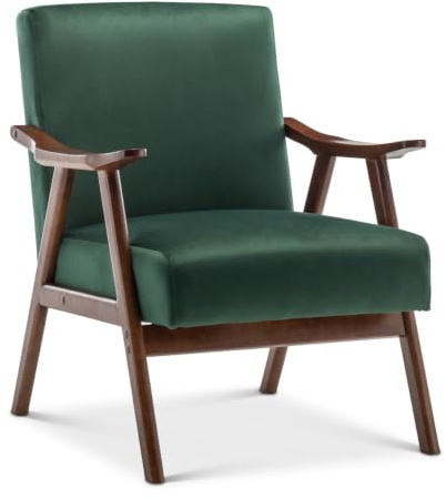 Green Velvet Armchair – Mid-Century Modern Accent Chair with Wooden Frame, Retro Green Velvet Chair for Living Room, Small Lounge or Bedroom, Compact Seat for Small Spaces, Stylish Armchair