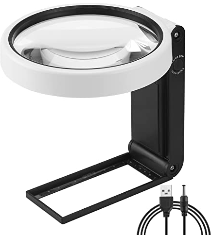 Xnourney Grande Loupe 4.35in 10X 30X avec Lumière et Support, LED Portable Debout, Pliante pour Seniors, Lecture, Point de Croix, Carte, Bijoux
