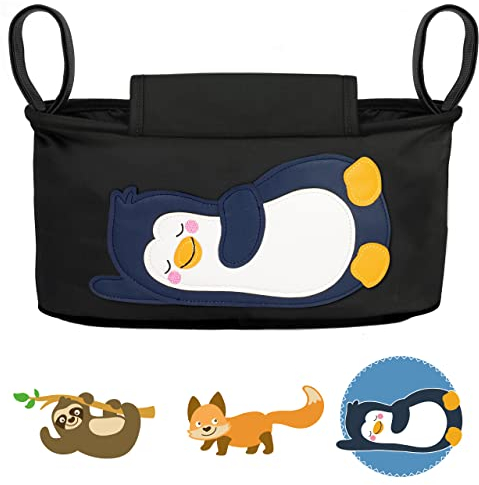 GLÜCKSWOLKE Kinderwagen Organizer - 12 Motive I Kinderwagentasche verschließbar I Kinder Buggy Tasche mit Feuchttuchspender I Baby Stroller Bag Black I Aufbewahrungstasche (Pia Pinguin I schwarz)