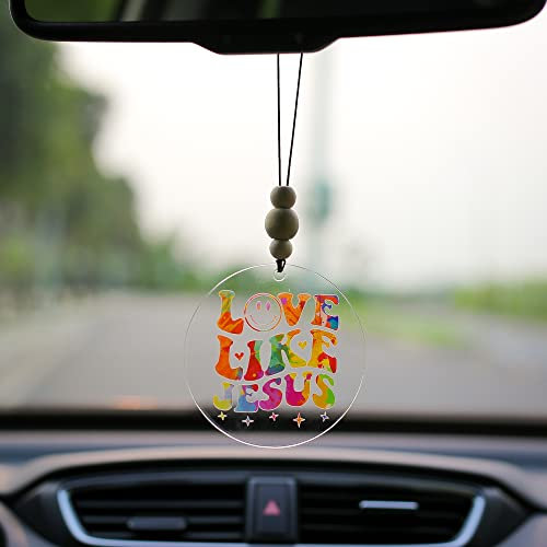 Talataca Christian 2D Wohnung Auto Ornament & Holz Perlen Liebe wie Jesus Bibelvers Perlen Rückspiegel Zubehör Rückansicht Hängender Charme Weihnachtsbaum Dekor Religiöses Geschenk