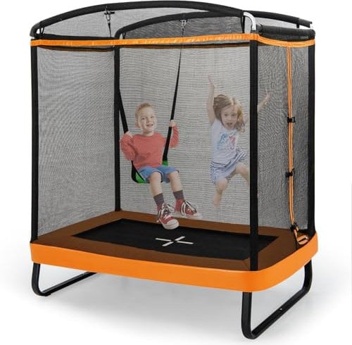 SPOTRAVEL 6FT Recreational Trampoline, 2-in-1 Kids Jumping Trampoline with Swing, Outdoor Fitness Bounce Trampoline for Children Adults (Orange)