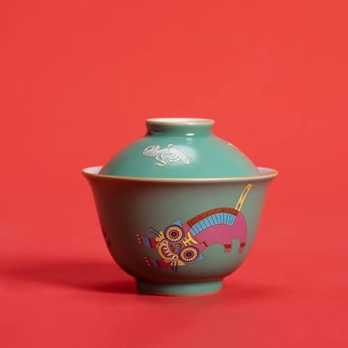 JIANNA Gaiwan de porcelana de tigre para té, sopera verde con tapa, juego de ceremonia de té, tazas, tazones, Chawan chino