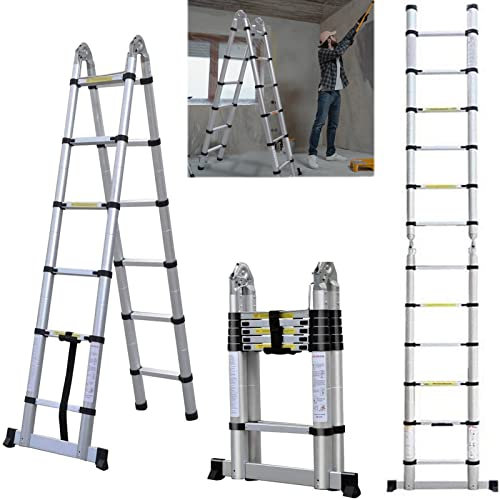 Scala telescopica in alluminio 3,8 m antiscivolo A-Frame multiuso con stabilizzatori, scaletta pieghevole allungabile per camper o esterni, carico massimo 150 kg (1,9 + 1,9 m/12,5 ft)