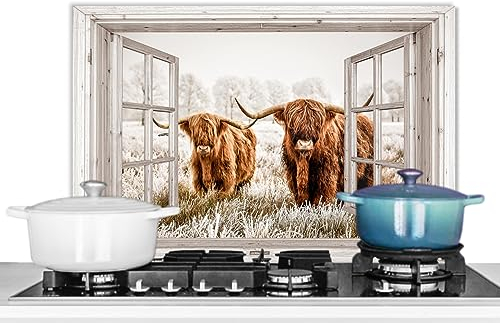 KitchenYeah© Paraschizzi Paraspruzzi per Cucina Lamiera Alluminio 70x50 cm Alzatina Top Decorazioni Cucine Vista Trasparente - Highlander Scozzese - Animali
