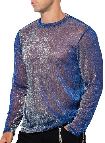 Casey Kevin Herren Langarmshirts Muskel Transparent Hemd Mesh Shirts Sparkle & Shine Shirts Netz T-Shirt Durchsichtig Rundkragen Oberteile Clubwear, M