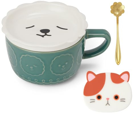 Yifugad Cute Mug with Lid, Spoon & Coaster - Animal Coffee Mug Set, Soup & Tea Cup - Boys/Girls & Friends Gifts, Birthday, Graduation, Father's Day, Mother's Day, Christmas Gifts (Blue)