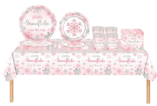 69P Christmas Snowflake Theme Party Tableware Plastic Table Cloth,Paper Plates,Napkins and Cups,Pink Snowflake Dinnerware Set for Winter Holiday Xmas Snowflake Frozen Party Table Decoration
