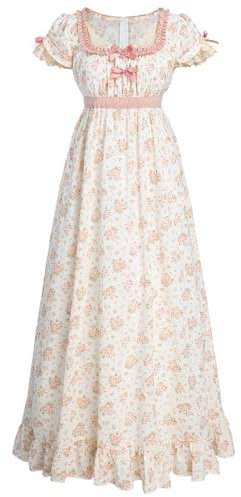 NSPSTT Empire-Taillenkleid, Regency-Ballkleid, Kleider für Damen, Cottagecore, Renaissance-Kostüme mit Handschuhen, pink floral, Groß