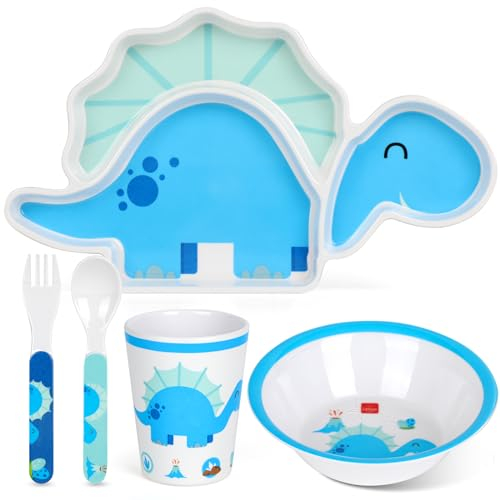Lehoo Castle Juego de cena para niños, juego de cena para niños pequeños, platos y tazones para niños, bandejas para comer dinosaurios