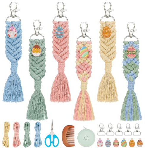 INFUNLY 6 Sets Makramee-Schlüsselanhänger-Set Für Anfänger Ostertag Makramee-Schlüsselanhänger-Set DIY-Makramee-Schlüsselanhänger-Set Boho-Makramee-Schlüsselanhänger-Set Mit Quasten Anleitung