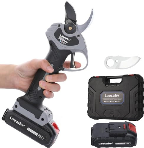 Laecabv 30mm forbici potatura a batteria Taglio progressivo forbice Maniglia Antiscivolo Cesoie elettriche per potatura con 2 Batteria SK5 Teflon Lama cesoia da potatura LA30GYBK