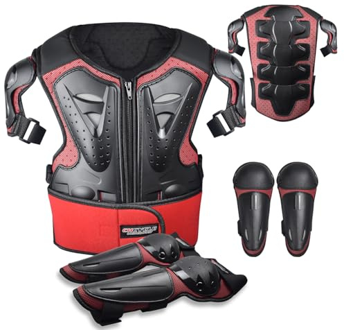 Bambini Dirt Bike Gear Moto equitazione protettiva Motocross armatura Suit petto e schiena Ginocchio gomito protezioni per il ciclismo (Rosso)