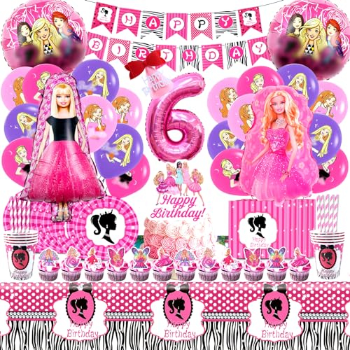 104 Pcs Barb Décoration Anniversaire Fille 6 Ans - Vaisselle, Ballons Hélium, Assiettes, Gobelets, Serviettes, Nappe - Deco Gâteau