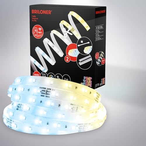 BRILONER – LED Stripe Starter Set 2m LED Strip Smart, Warmweiß bis Kaltweiß, App- Sprachsteuerung, 3m Zuleitung, Kürzbar, Selbstklebend, Streifen, Lichtleiste, Zimmer Deko, Gaming Deko