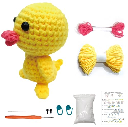 MJARTORIA Strickset Häkelset für Anfänger Tiere, Häckeln Stricken für Anfänger Set mit Anleitung, Kreativ Strickset Bastelset Erwachsene Kinder Geschenk(Gelb Ente)