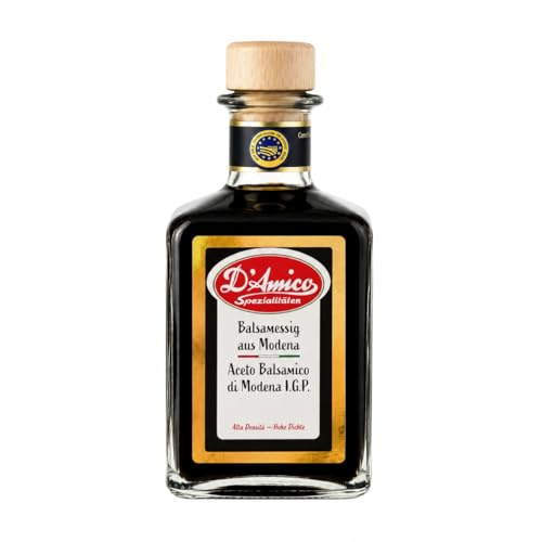 D’Amico Vinaigre Balsamique de Modène I.G.P – 90% de moût de raisin, densité 1,35, sans additifs – idéal pour salades, fromages, fraises & antipasti (1 x 250 ml)