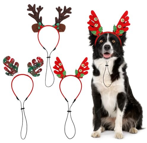 3 Stück Weihnachten Hunde Stirnband, Haustier Weihnachts Rentier Haarreif Verstellbare, Elch Kopfbedeckung, Kopfschmuck Weihnachten, Geweih Weihnachtskostüm für Haustier Hund Geschenk