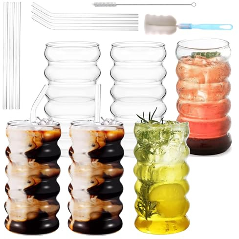 Oungy 6 Stück Bubble Gläser 450ml Gerippte Trinkgläser, Kaffee Gläser mit Glasstrohhalme, Eiskaffeegläser mit Pinsel, Bubble Glas, Kaffeegläser, Bubblegläser Geriffelt für Wasser Trink Saft