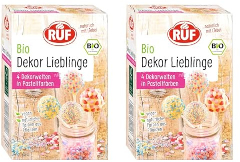 RUF Bio Dekor-Mix, 4 Sorten bunte Back-Dekoration mit Zucker-Streuseln, Zucker-Perlen & Zucker-Herzen, ohne künstliche Farbstoffe, vegan, 140g (Packung mit 2)