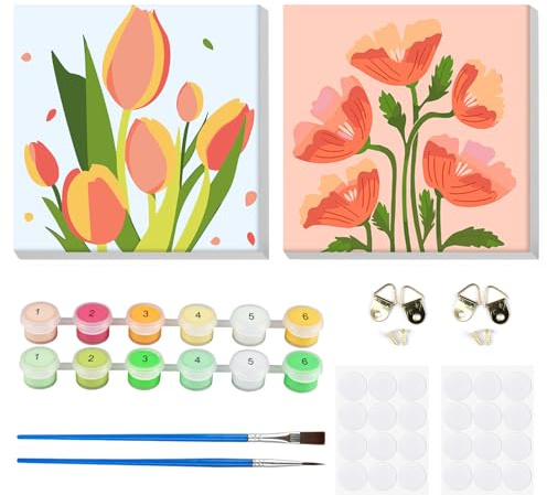 MOGTAA 2 Pack Fleurs Peinture par Numéros Encadré, Acryliques Peinture par Numéros pour Adultes Débutants, DIY Peinture par Numéros avec Pinceaux pour Décor de la maison 20x20cm