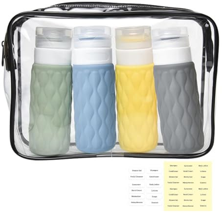 4 Stück Silikon Reiseflaschen 100ml Set, Reiseflaschen zum Befüllen, Auslaufsicher Portable Reise Flaschen mit PVC Kulturbeutel, für Shampoo, Lotion, Spülung, Duschgel, Praktisches Reiseflaschen Set