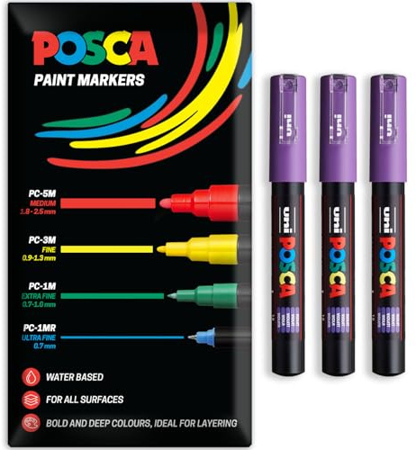Posca Water Based Acrylic Paint Marker Pens | Multi Surface Use Permanent Paint Pen | Pack of 3 Pens in Envelope Gift Packaging | Glass, Fabric, Canvas, Wood etc | PC-1M, Violet