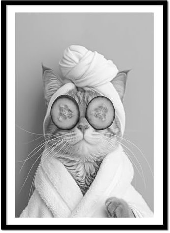 PoStar - Poster Badezimmer Bilder - Deko Bad - Wandposter Bad-Deko - WC Bild Lustig mit schwarzem Rahmen - Katze - A4