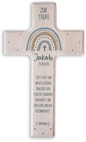 hellomini Personalisierbares Taufkreuz mit 3D-Namen & Taufspruch – Handgefertigtes Holzkreuz Buche – Individuelles Geschenk zur Taufe - Taufgeschenk für Kinder (Regenbogen Blau)