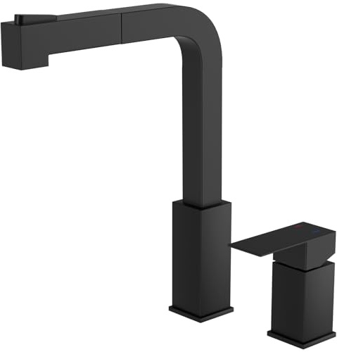 APPASO 2-Loch-Küchenarmaturen, quadratischer Küchenarmatur mit herausziehbarem Sprüher, schwarzer Küchenarmatur mit Sprüher, Edelstahl, Einhandarmaturen für Küchenspüle
