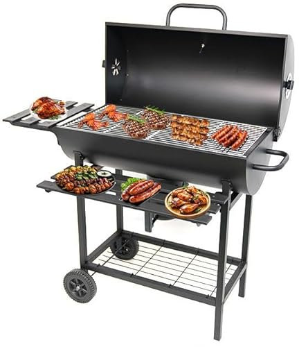 NYS Holzkohlegrill mit Grillrost XL, Gartengrill, Grillwagen mit 2 Holzeinlegeböden, Deckel, Rädern und nicht wärmender Griff, on Wheels with Lid,Zwei Stufen Rost, Terrasse, Camping