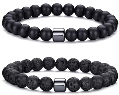 MOROTOLE Bracelet Homme, 8mm Bracelet Pierre Naturelle Ensemble Oeil de Tigre et Lave Réglable Bracelets Perle Homme Bijou Cadeaux pour Père Petit Ami Cadeau D'Anniversaire