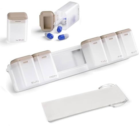 Weekly Pill Organizer Magnetic, Removable Daily Pill Sorter, Water Proof Travel Medication Dispenser, Daily Organizer for Supplement Vitamin and Medicines, Pill Storage Fridge (Brown)
