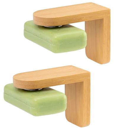 bremermann Magnet-Seifenhalter 2er Set aus Bambus, ideal geeignet für Feste Seifen und Shampoos - frei hängend durch Magnet - Montage durch Ankleben, aus Bambus und Edelstahl