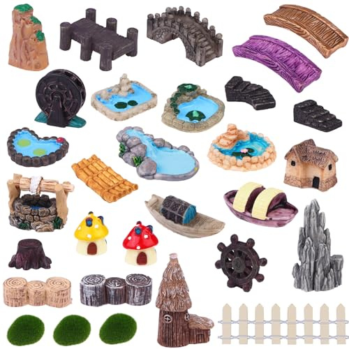 Lot de 30 décorations miniatures pour jardin - Pont - Maison - Paysage d'eau - Fontaine - Clôture - Figurines d'étang - Champignon - Pelouse - Décoration de jardin féérique - Décoration pour bricolage