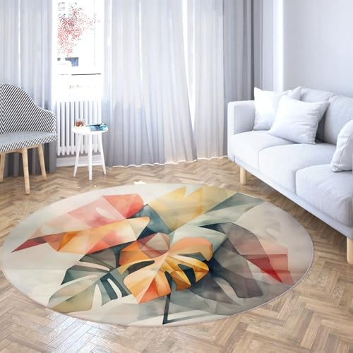 WEECHAINGE Abstract Monstera Leaves Round Rug Geometric Watercolour Style Modern Art Soft Low Pile Machine Washable Carpet for Living Room Home Décor 160cm