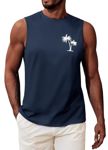 UMIPUBO Mens Top Vest Sleeveless T-Shirt Round Neck Printed Tank Top Summer Palm Tree Beach Holiday Male Casual Loose Lightweight Top Dark Blue