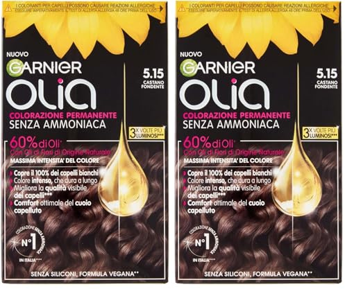 Garnier Olia Tinta Capelli, Colorazione Permanente Senza Ammoniaca, Fragranza Delicata, Copre il 100% dei Capelli Bianchi, Con Oli di Fiore di Origine Naturale, Formula Vegana, Castano Fondente
