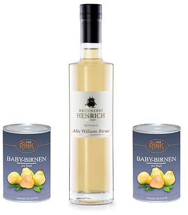 Alte Williams Birne 0,7L milde Spirituose & 2x Baby Birnen Geschenkset | Exklusives Geschenkset aus holzfassgereifter, milder Williams Birne (38% vol) und zwei Dosen feinen Baby Birnen.
