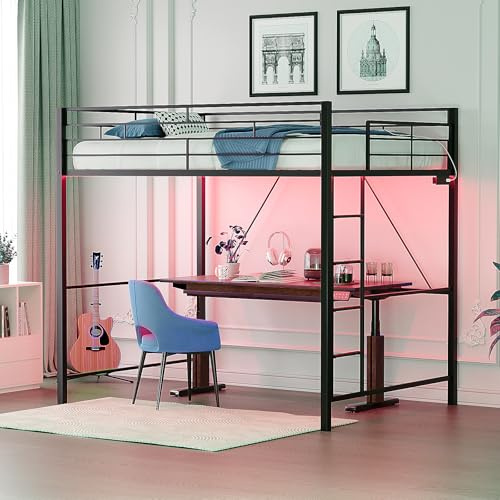 Bonnlo Loft Bunk Bed, Single Loft Bed with Outlet & LED Light, Space-Saving High Sleeper Bed with Non-Slip Straight Ladder & 38cm Extra-High Safety Guardrail, for Kids Teens Adults, Black