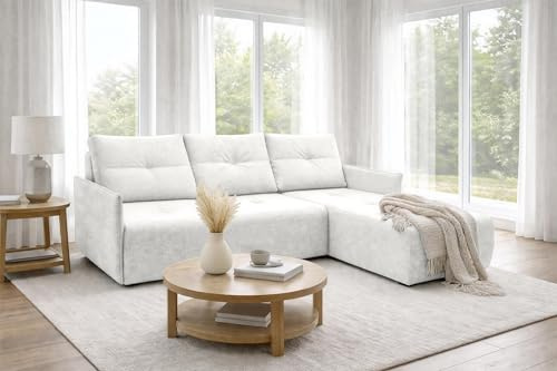 AX Living Ecksofa Damascus 212 cm Weiß rechts, Bettkasten, Schlaffunktion | Praktische Schlaffunktion und integrierter Bettkasten. Aragon-Stoff, wasserabweisend und pflegeleicht. Sitzhöhe: 40 cm.