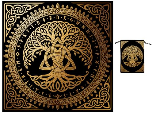 GLOBLELAND Samt Altartuch Baum des Lebens Trinity mit Tarot Kartenbeutel | Edler Samt Stoff quadratische Tischdecke tolles Zubehör für Kartenlegungen Wicca Dekoration