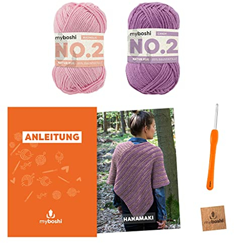 myboshi Häkelset Poncho Hanamaki, inkl. No.2 Wolle, Nadel und Anleitung, für Bekleidung, Häkelpaket, 85% Baumwolle, 15% Kapok Rosa mit Häkelnadel