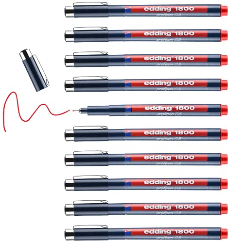 edding 1800 profipen - red - 10 pens - line width 0.5 mm - fineliner pen for precise writing, sketching and technical drawing - fine, metal-encased nib - suitable for use with rulers and stencils