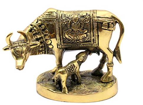 StonKraft Wunderschöne Glücksfigur - Nandi Kamadhenu Kuh - Hindu Figur Schwarze Kamdhenu Kuh und Heilige Kuh und Kalb Messing Skulptur - Hindu Lucky Figurine