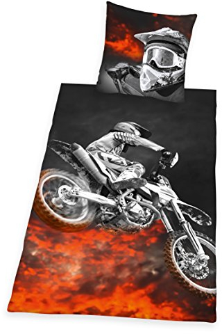 Herding Young Collection Bettwäsche-Set, Motocross Wendemotiv, Bettbezug 135 x 200 cm, Kopfkissenbezug 80 x 80 cm, Polyester, Schwarz