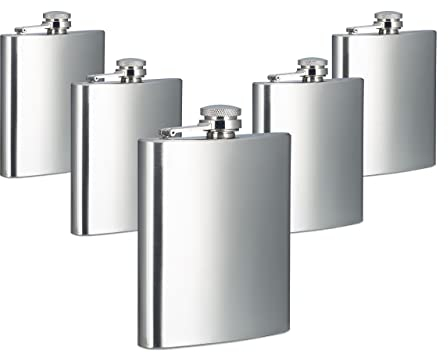 Relaxdays 5 x 200 ml Flask, Stainless Steel, 7 oz, Hip Flask with Screw Top, Sil