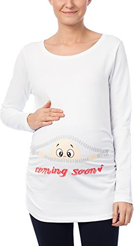 M.M.C. Coming Soon - Lustige witzige süße Umstandsmode Umstandsshirt Sweatshirt Schwangerschaftsshirt mit Motiv für die Schwangerschaft, Langarm (Weiß, Small)