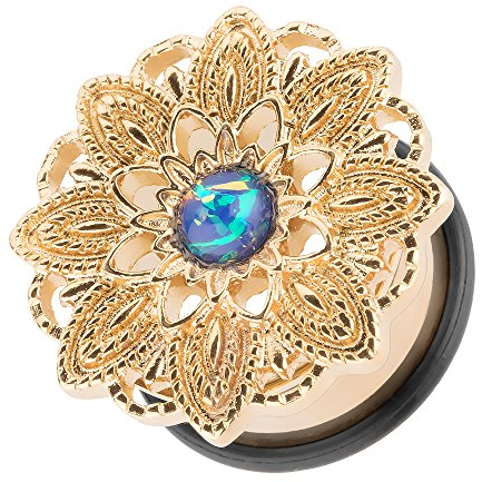 Piercingfaktor Flesh Tunnel Ohr Plug Piercing Ohrpiercing Vintage Tribal Ethno Boho Edelstahl Mandala Blume mit Opal Gold 12mm